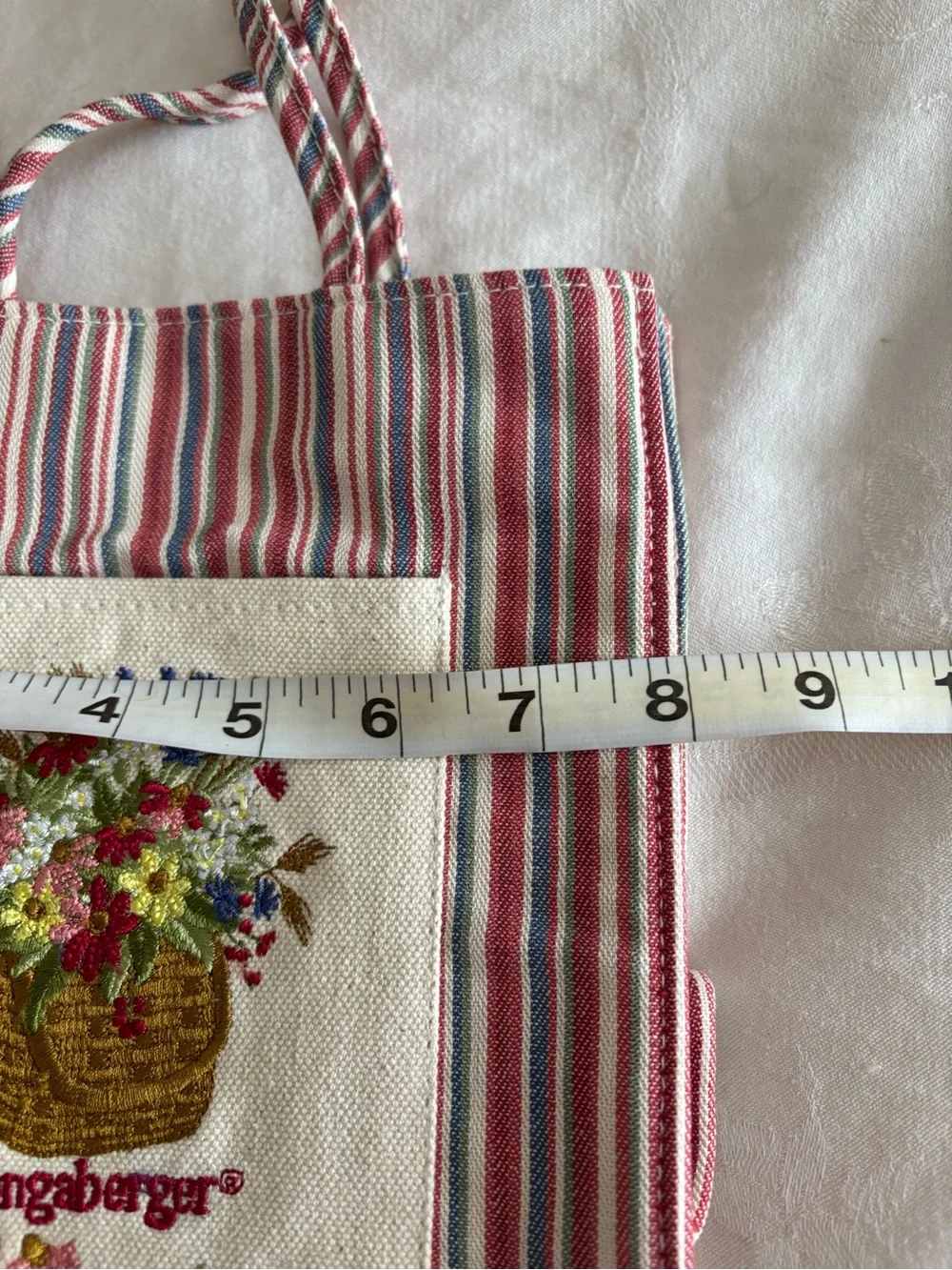 Longaberger Red, Blue & Cream Striped Canvas Tote with Embroidered Basket